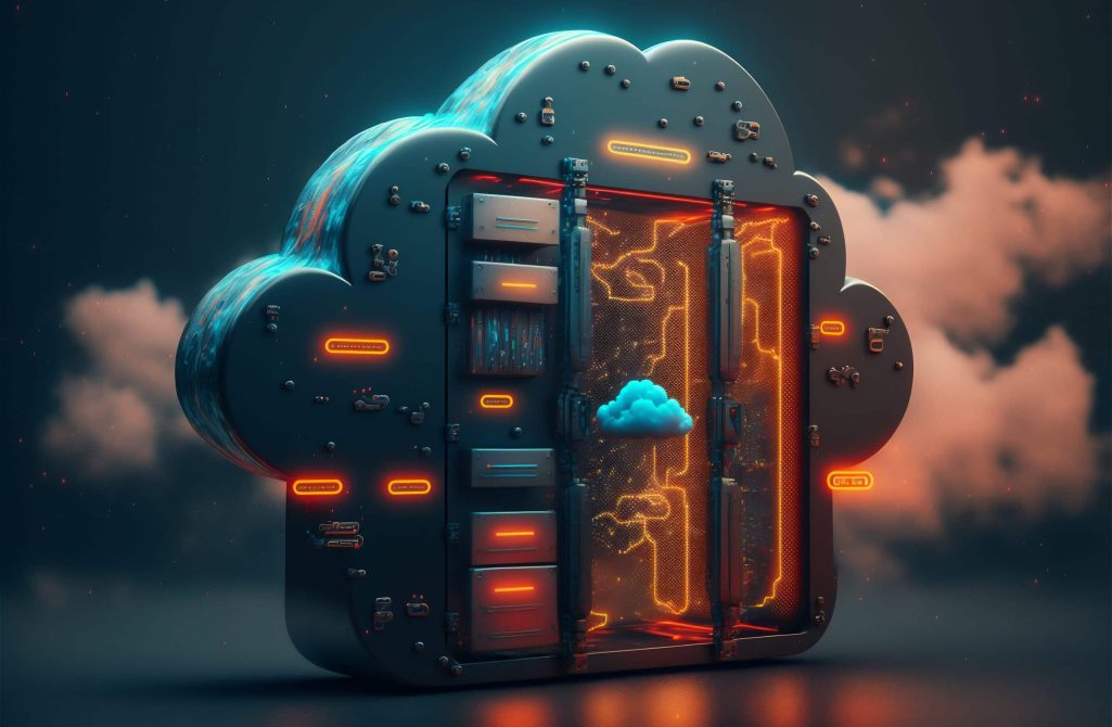 Concept of cyber server cloud data storage. Cloudscape digital online rack service for global network. Web database backup computer safety infrastructure technology