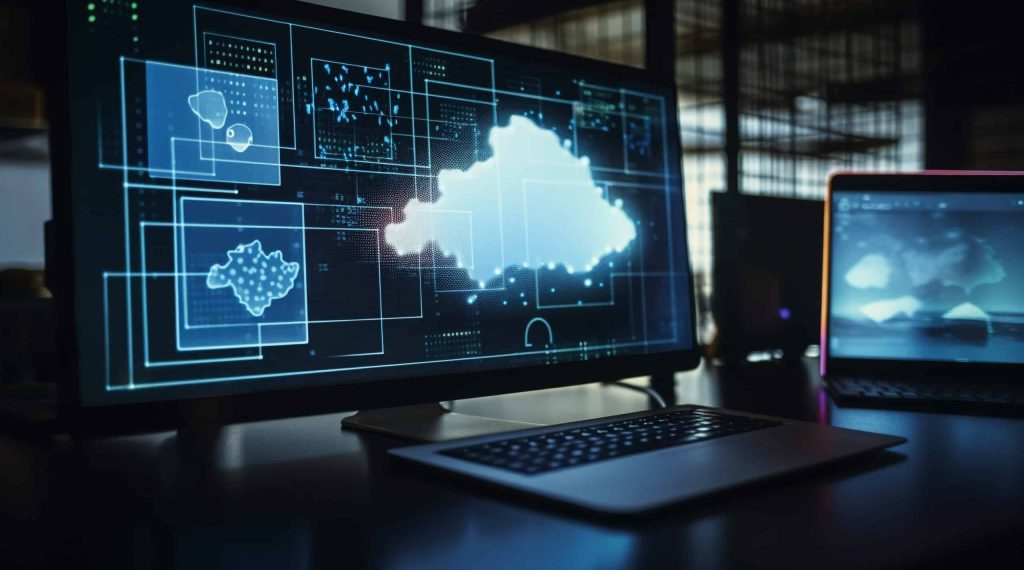 Glowing blue office desk with modern technology generated by artificial intelligence