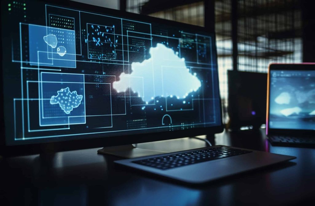 Glowing blue office desk with modern technology generated by artificial intelligence