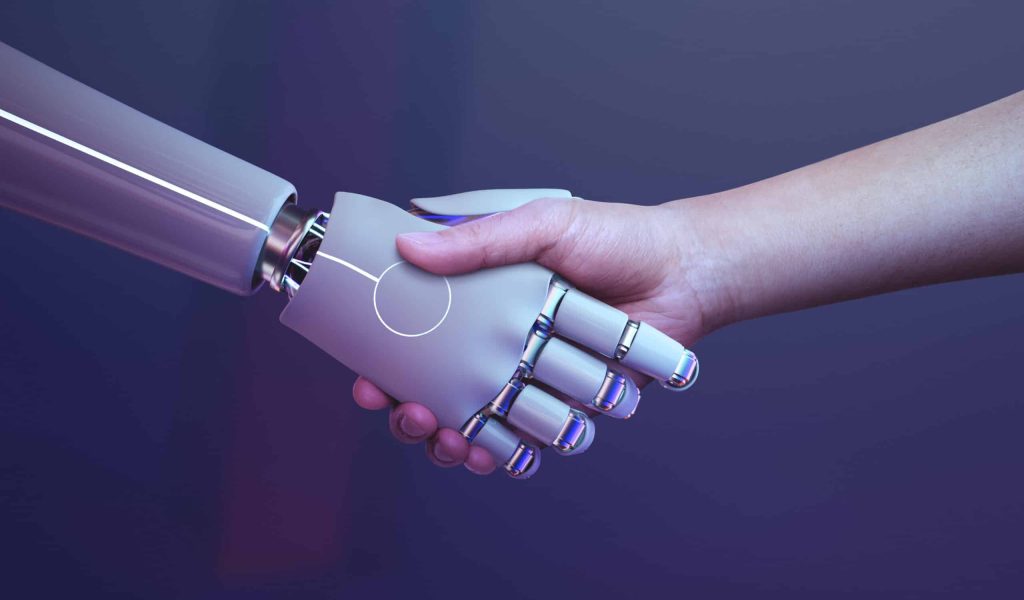 Robot handshake human background, futuristic digital age