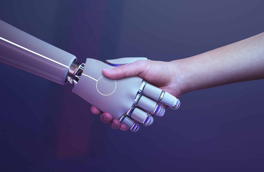 Robot handshake human background, futuristic digital age