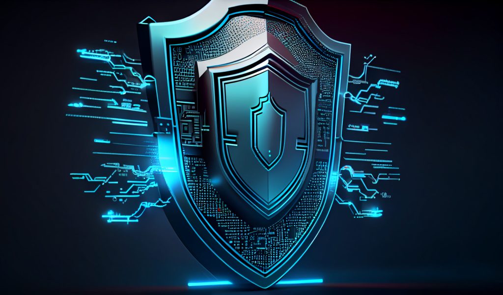 Security shield glows blue, symbolizes safety and encryption ,generative artificial intelligence