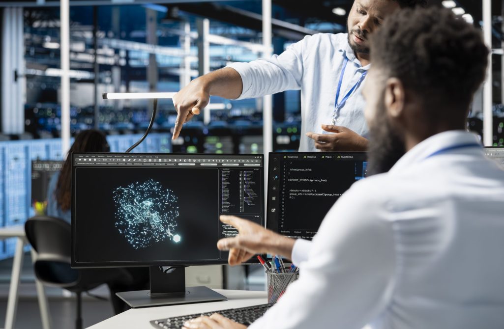 Server hub manager supervising engineer using AI algorithms categorizing and clustering unstructured data. Data center supervisor overseeing worker using Natural Language Processing tech